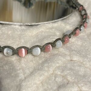 Pink and White Beaded Woven Ankle Bracelet